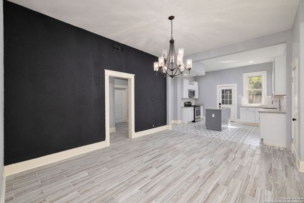 Chandelier, Interior, Kitchen, Recessed Lighting, Wood Texture Flooring