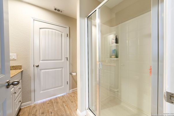 Bathroom, Glass Shower, Interior, Wood Texture Flooring