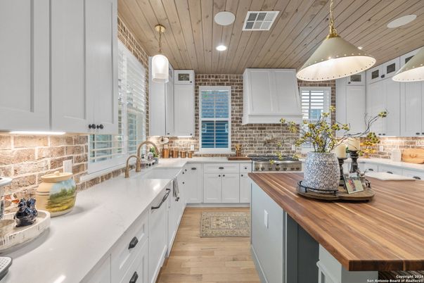 Interior, Kitchen, Pendant Lights, Recessed Lighting, Stone Walls, Wooden Ceilings, Wood Texture Flooring