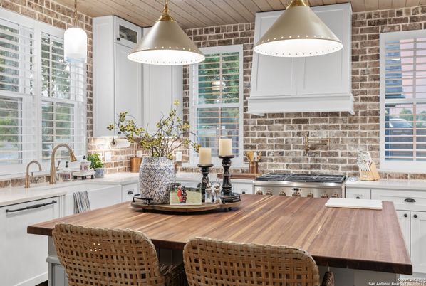 Interior, Kitchen, Pendant Lights, Stainless Steel Appliances, Stone Walls, Wooden Ceilings
