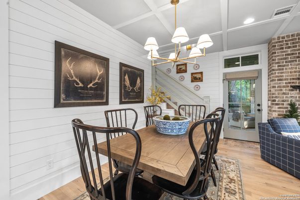 Chandelier, Dining room, Interior, Recessed Lighting, Stone Walls, Wood Texture Flooring