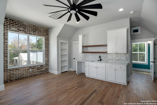 Interior, Kitchen, Recessed Lighting, Stone Walls, Wood Texture Flooring