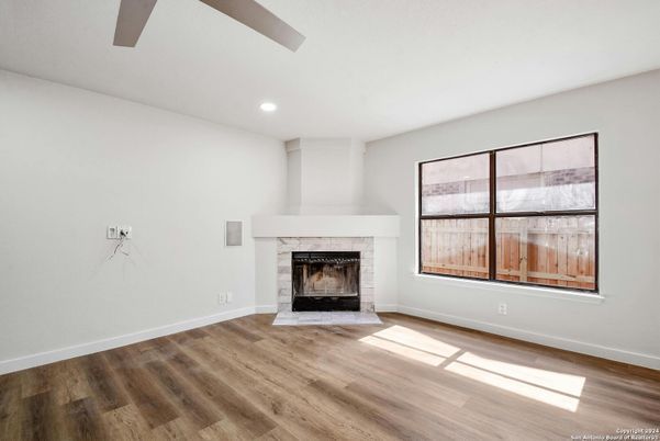 Empty room, Fireplace, Interior, Recessed Lighting, Wood Texture Flooring