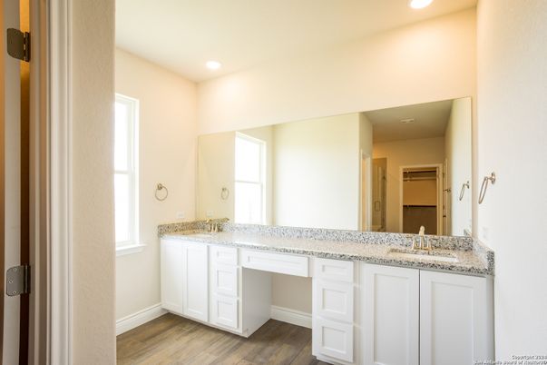 Bathroom, Dual Sink Vanities, Interior, Recessed Lighting, Wood Texture Flooring