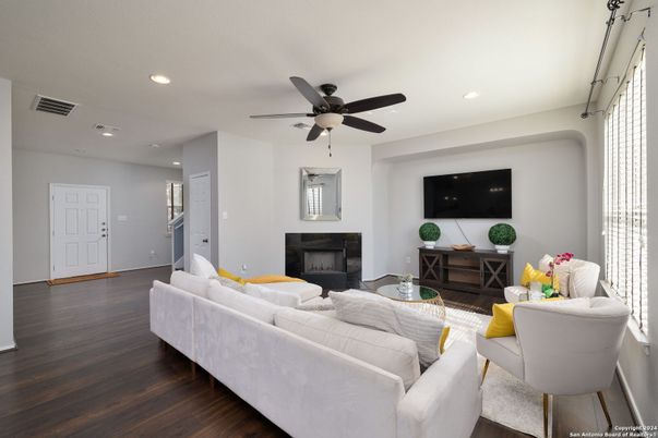 Fireplace, Interior, Living room, Recessed Lighting, Wood Texture Flooring