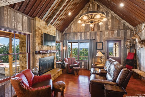 Fireplace, Interior, Living room, Pendant Lights, Recessed Lighting, Stone Walls, Wooden Beams, Wooden Ceilings, Wood Texture Flooring