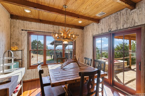 Chandelier, Dining room, Interior, Recessed Lighting, Wooden Beams, Wooden Ceilings, Wood Texture Flooring