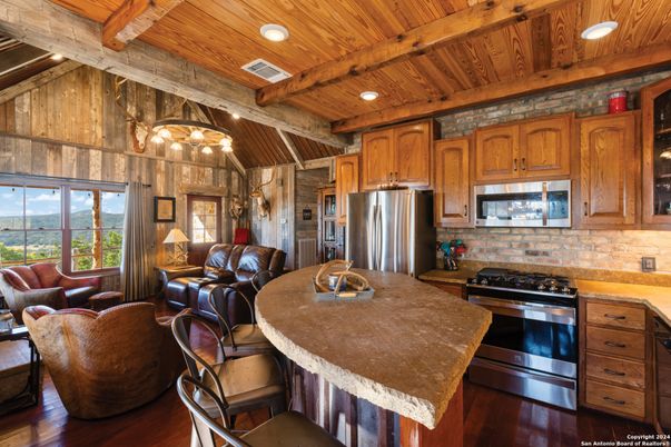 Interior, Kitchen, Living room, Recessed Lighting, Stainless Steel Appliances, Wooden Beams, Wooden Ceilings, Wood Texture Flooring