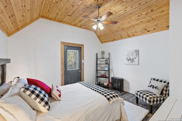 Bedroom, Fireplace, Interior, Wooden Ceilings, Wood Texture Flooring