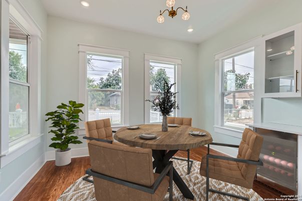 Dining room, Interior, Recessed Lighting, Wood Texture Flooring