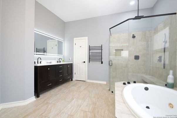 Bathroom, Dual Sink Vanities, Glass Shower, Interior, Recessed Lighting