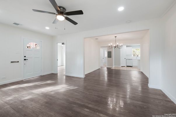 Chandelier, Empty room, Interior, Recessed Lighting, Wood Texture Flooring