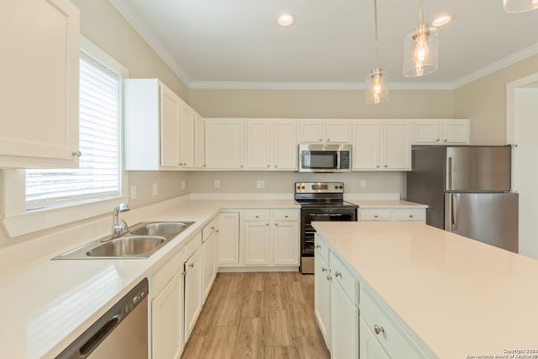 Interior, Kitchen, Pendant Lights, Recessed Lighting, Stainless Steel Appliances, Wood Texture Flooring