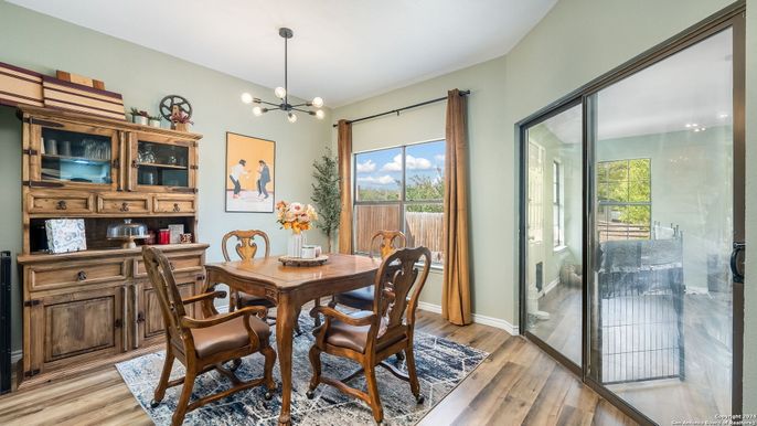 Dining room, Interior, Pendant Lights, Wood Texture Flooring
