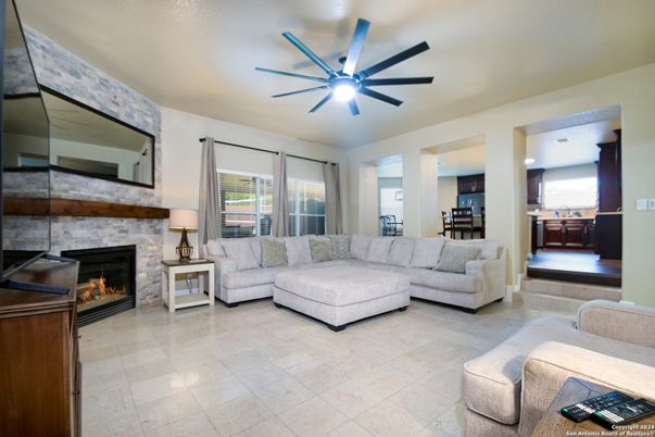 Fireplace, Interior, Kitchen, Living room, Stone Walls