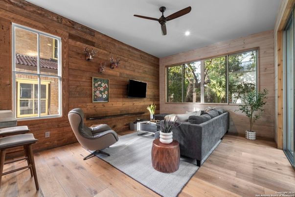 Interior, Living room, Recessed Lighting, Wood Texture Flooring, Wooden Walls