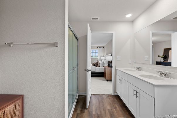 Bathroom, Bedroom, Dual Sink Vanities, Interior, Recessed Lighting, Wood Texture Flooring