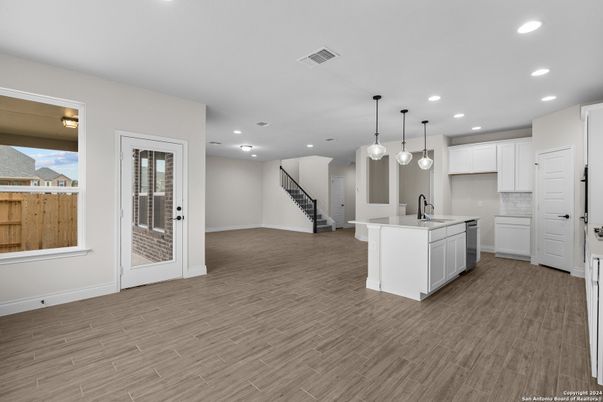 Interior, Kitchen, Pendant Lights, Recessed Lighting, Wood Texture Flooring