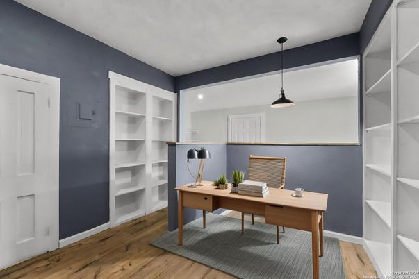 Home Office, Interior, Pendant Lights, Recessed Lighting, Wood Texture Flooring