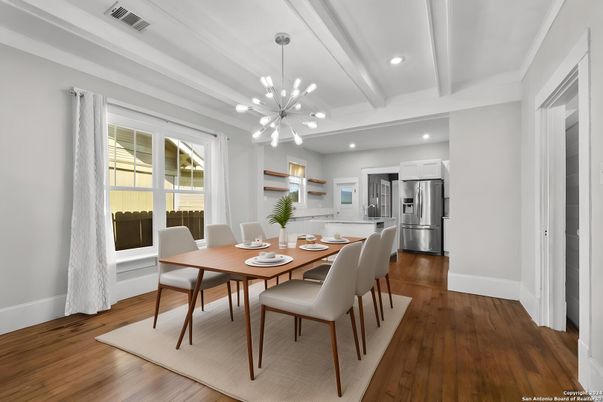 Dining room, Interior, Kitchen, Pendant Lights, Recessed Lighting, Stainless Steel Appliances, Wood Texture Flooring