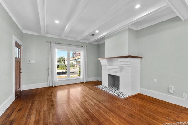 Empty room, Fireplace, Interior, Recessed Lighting, Wood Texture Flooring