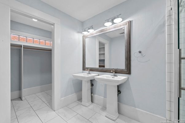 Bathroom, Dual Sink Vanities, Interior, Marble, Recessed Lighting