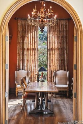 Chandelier, Dining room, Interior, Wood Texture Flooring