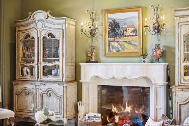 Chandelier, Fireplace, Interior