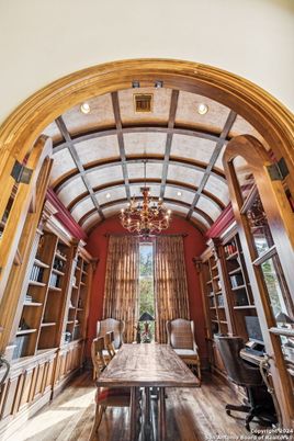 Chandelier, Home Office, Interior, Recessed Lighting, Wooden Beams, Wood Texture Flooring
