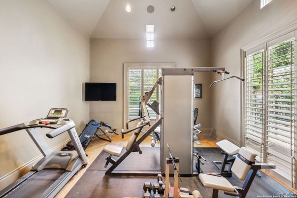 Fitness Equipment, Interior, Recessed Lighting, Wood Texture Flooring