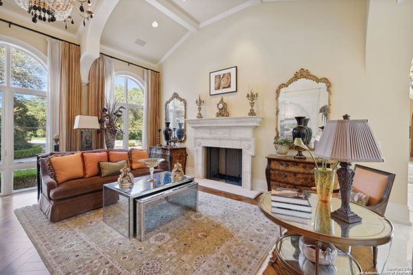 Chandelier, Fireplace, Interior, Living room, Recessed Lighting, Wood Texture Flooring