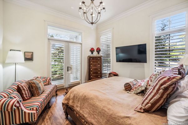 Bedroom, Chandelier, Interior, Wood Texture Flooring