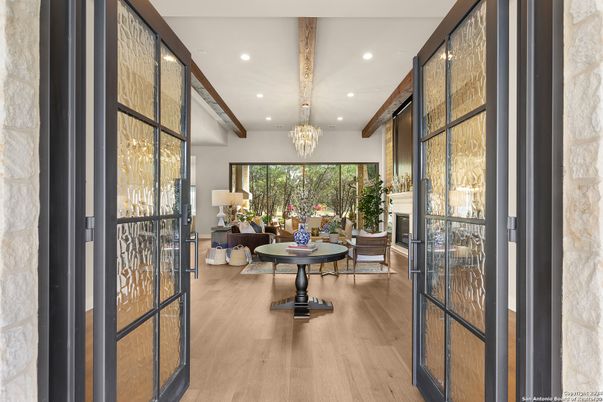 Chandelier, Fireplace, Interior, Living room, Recessed Lighting, Wooden Beams, Wood Texture Flooring
