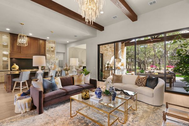 Chandelier, Dining room, Interior, Kitchen, Living room, Pendant Lights, Recessed Lighting, Wooden Beams, Wood Texture Flooring