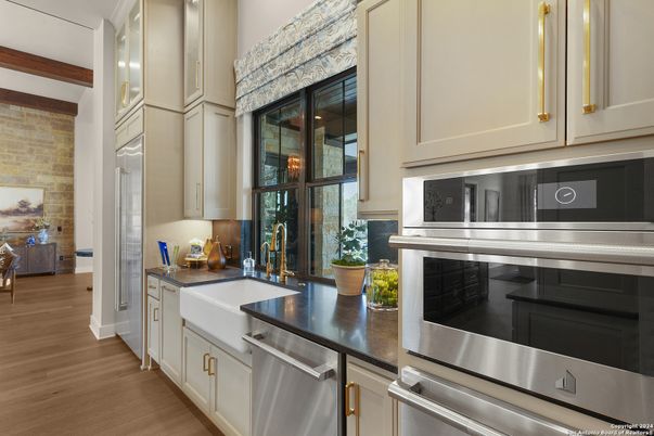 Interior, Kitchen, Stainless Steel Appliances, Stone Walls, Wood Texture Flooring