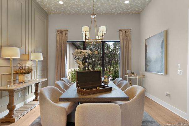 Chandelier, Dining room, Interior, Recessed Lighting, Wood Texture Flooring