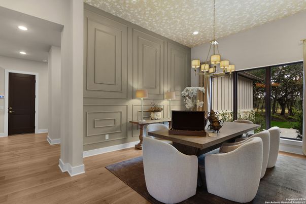 Chandelier, Dining room, Interior, Recessed Lighting, Wood Texture Flooring
