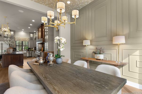 Chandelier, Dining room, Interior, Kitchen, Recessed Lighting, Wood Texture Flooring