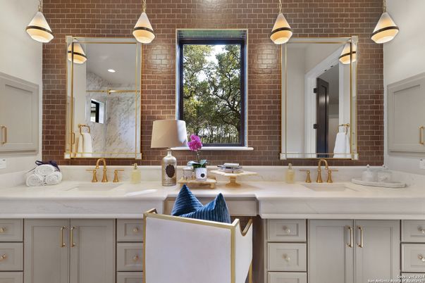 Bathroom, Dual Sink Vanities, Interior, Pendant Lights, Stone Walls