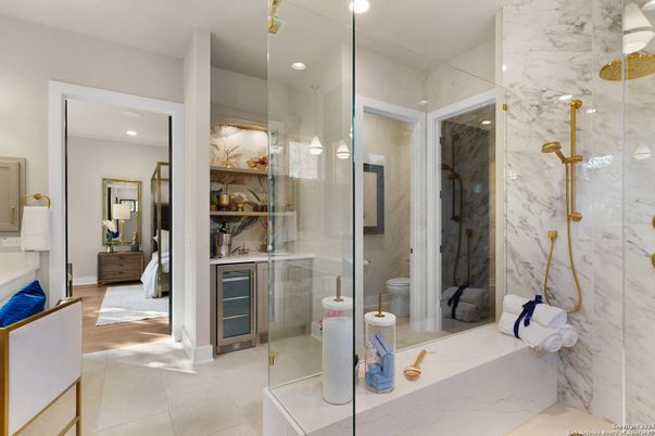 Bathroom, Glass Shower, Interior, Marble Walls, Recessed Lighting