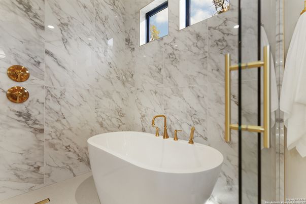 Bathroom, Free Standing Baths, Glass Shower, Interior, Marble Walls