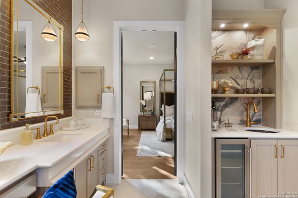 Bathroom, Bedroom, Dual Sink Vanities, Interior, Pendant Lights, Recessed Lighting, Wood Texture Flooring