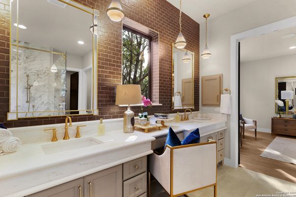 Bathroom, Dual Sink Vanities, Interior, Pendant Lights, Recessed Lighting, Wood Texture Flooring