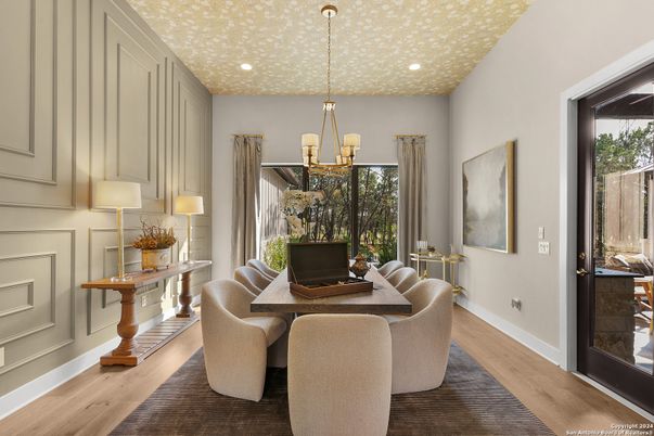 Chandelier, Dining room, Interior, Pendant Lights, Recessed Lighting, Wood Texture Flooring