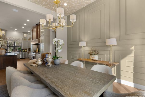 Chandelier, Dining room, Interior, Kitchen, Recessed Lighting, Wood Texture Flooring