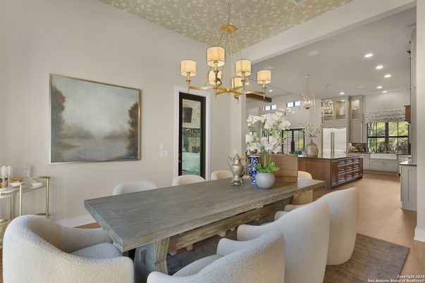 Chandelier, Dining room, Interior, Kitchen, Pendant Lights, Recessed Lighting, Wood Texture Flooring