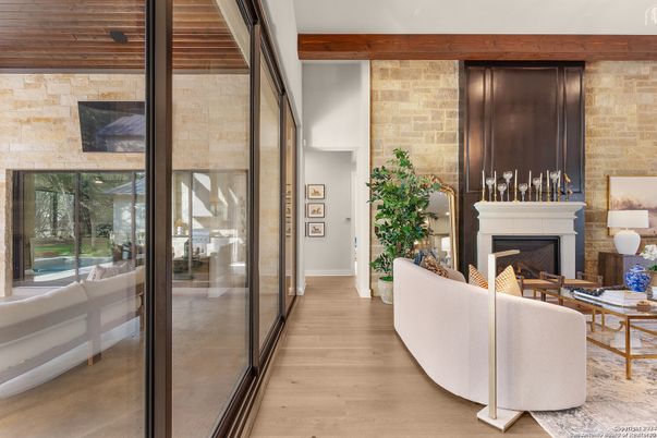 Fireplace, Interior, Living room, Stone Walls, Wood Texture Flooring