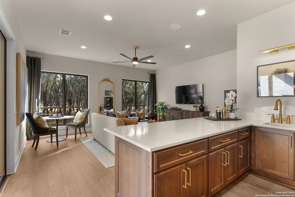 Dining room, Interior, Living room, Recessed Lighting, Wood Texture Flooring