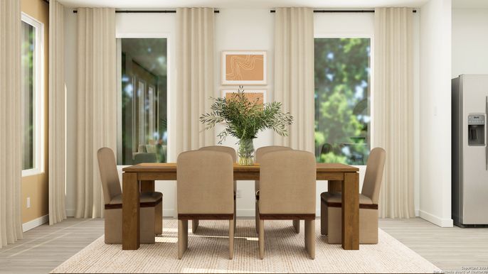Dining room, Interior, Recessed Lighting, Wood Texture Flooring