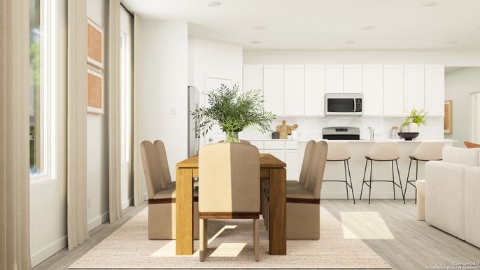 Dining room, Interior, Kitchen, Recessed Lighting, Wood Texture Flooring